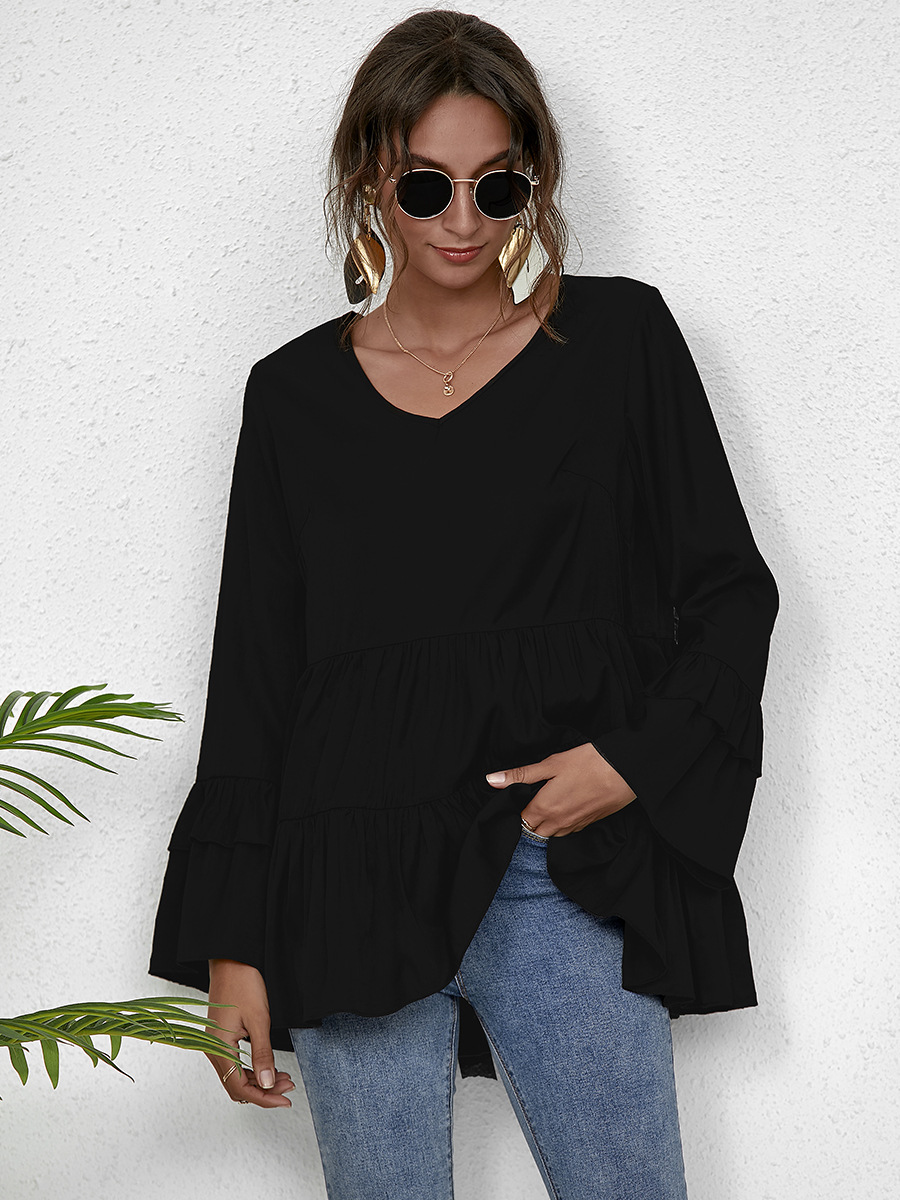 autumn and winter casual loose V-neck slim long-sleeved women s blouse NSAL5400