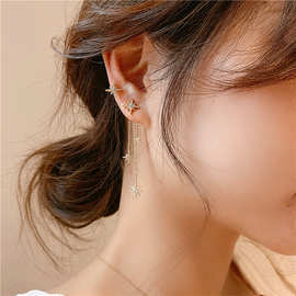 S925银针韩国东大门芒星不对称耳环长款流苏气质唯美淑女星星耳钉