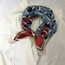 法式復古藍色真絲絲巾小方巾女桑蠶絲圍巾春秋百搭裝飾小領巾發帶