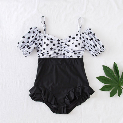 原創設計 2020新款 複古波點拼色連體泳衣女 泡泡袖/壹字肩二穿