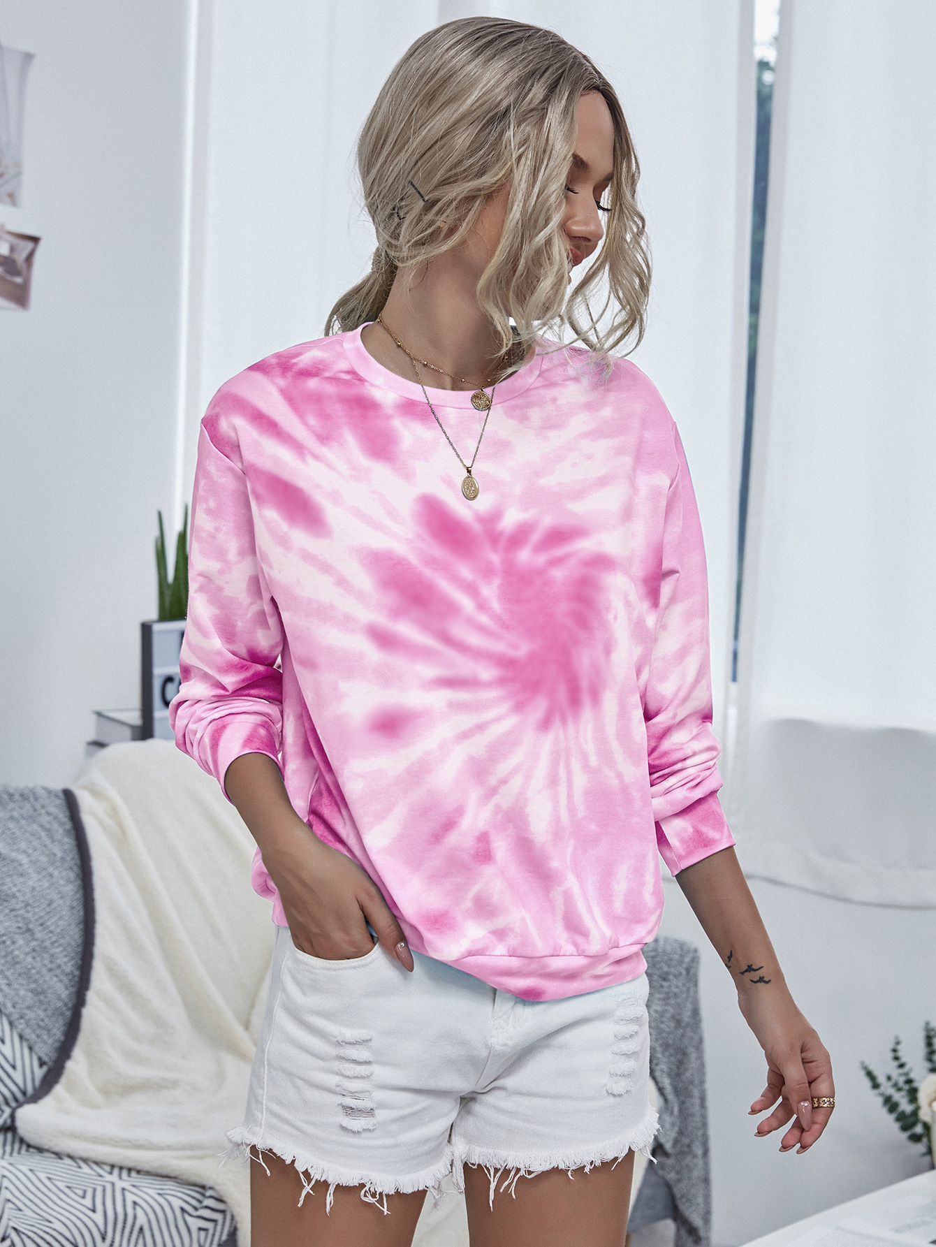   hot style printed tie-dye sweater women s long-sleeved round neck pullover sweater NSDF1284