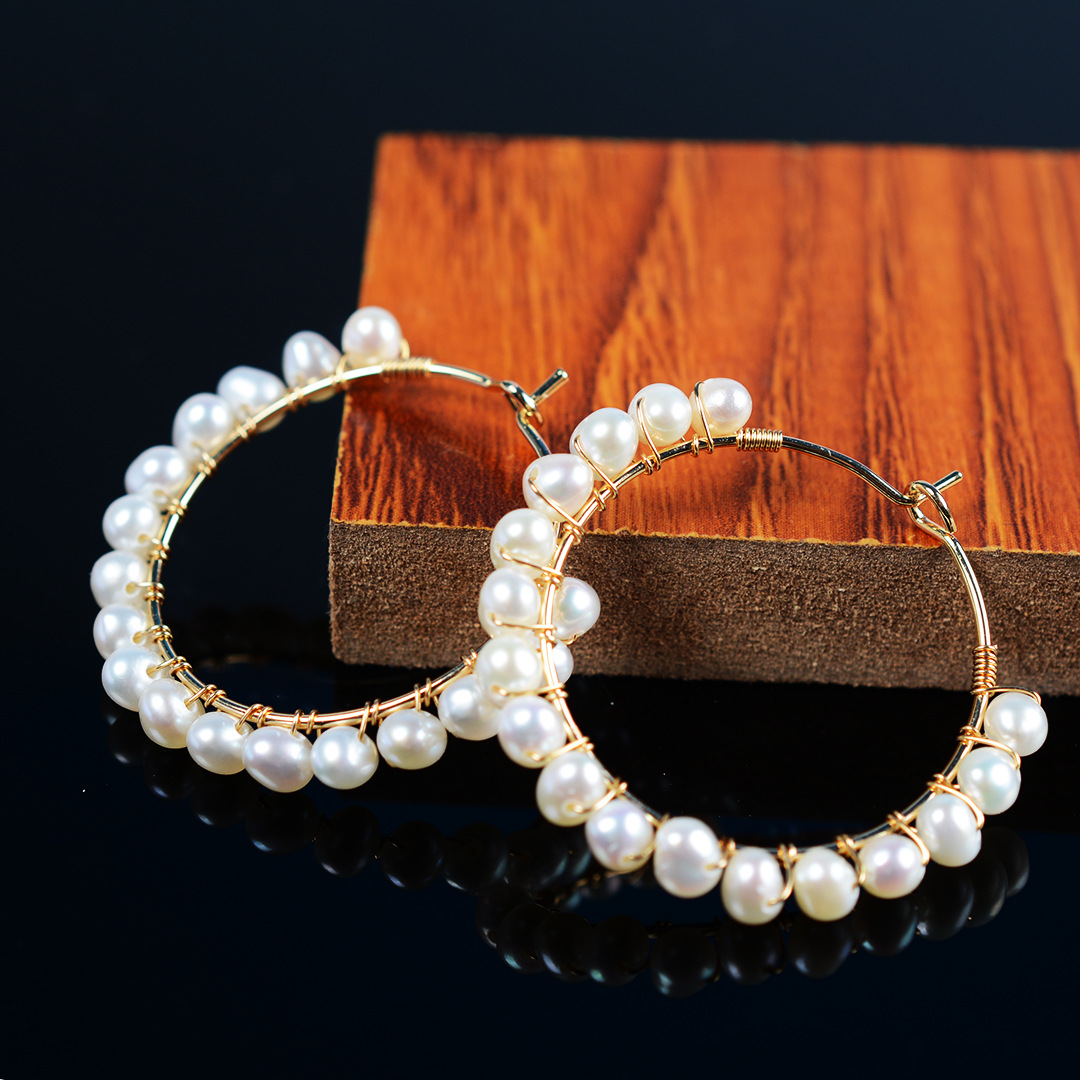 Hand-wound Large Circle Earrings,Natural Freshwater Pearl Earrings,14k Gold Injection,Niche Design,Light Luxury Style Style