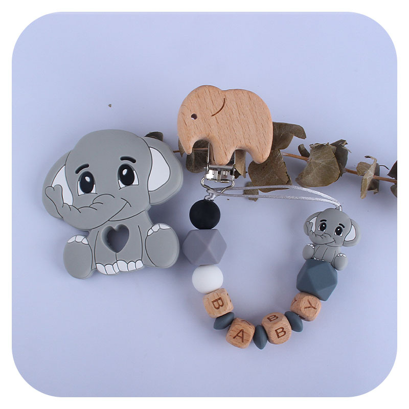 New Beech elefante chupete clip Beech carta bebé nombre elefante silicona mordedor molar juguete