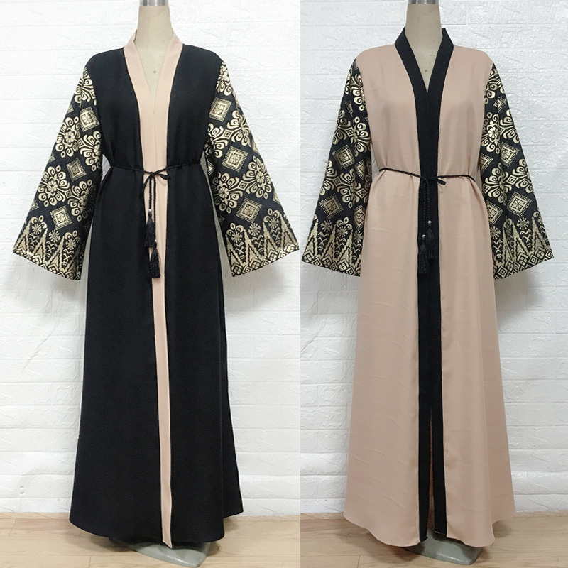 F861 Cross border Women's wear Muslim Cardigan Robe Gilding Print dress Manufactor goods in stock