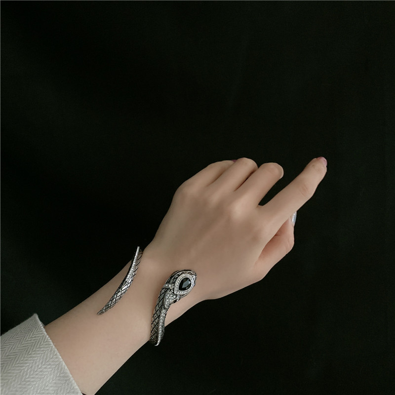 retro antique silver snake totem gemstone diamond exaggerated opening bracelet