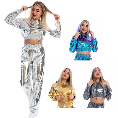 Women girls gold silver leather rapper gogo dancer short  tops Bright leather sexy umbilical long-sleeved hooded pullover short bodysuit