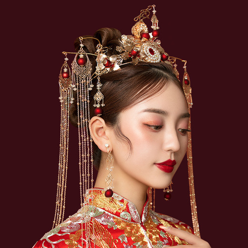 Chinese wedding Bridal headdress antique phoenix crown Chinese style Xiuhe clothing headdress wedding tassel step Xiuhe hair ornament