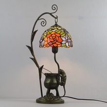 创意小老鼠上灯台复古树脂底座彩色玻璃花型灯罩卧室床头装饰台灯
