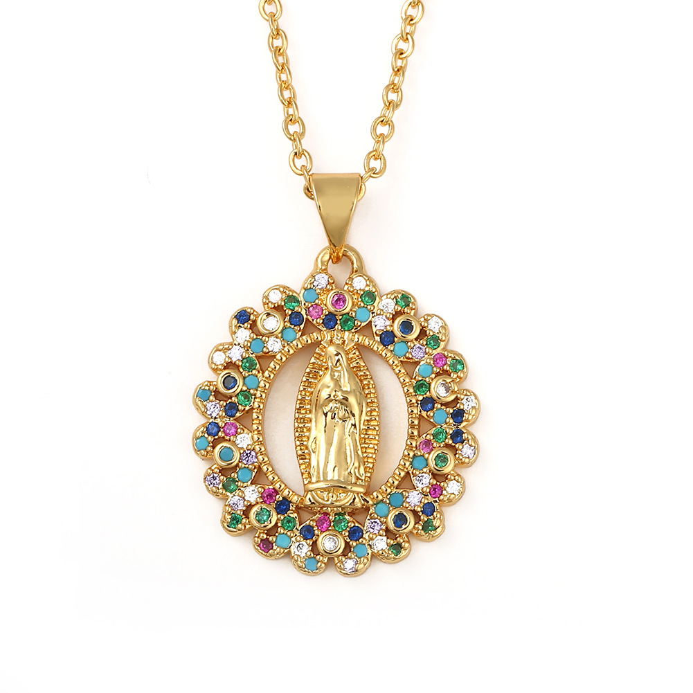 Copper Micro-inlaid Colored Zircon Virgin Mary Pendant Necklace display picture 5