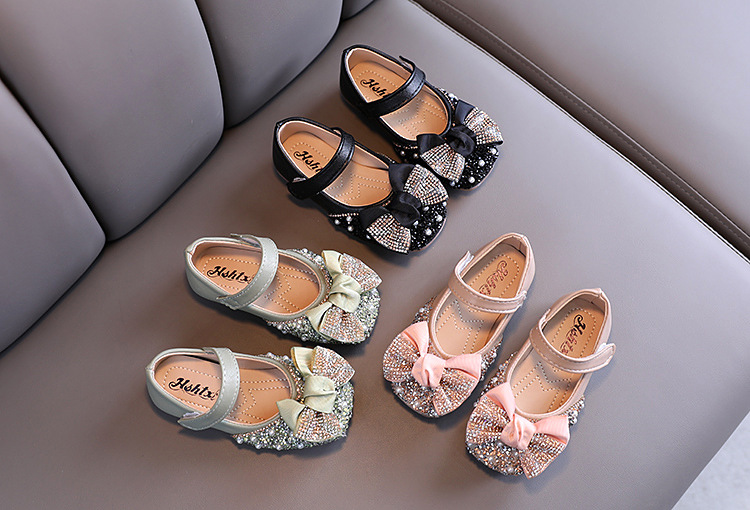 Girl Pearl Rhinestone Leather Shoes with Bow Tie