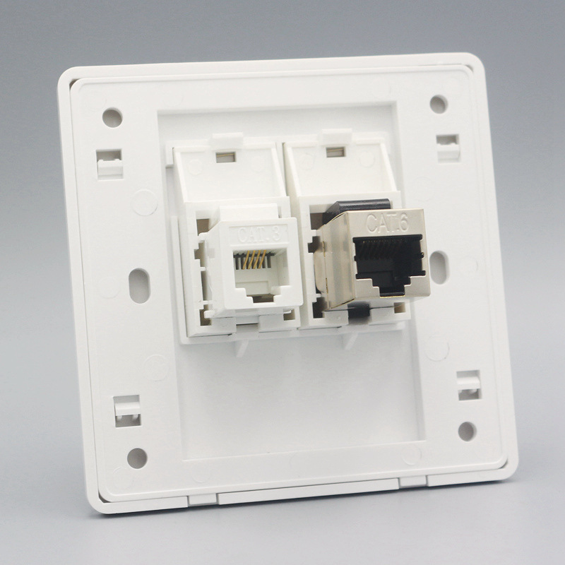 86型双口直通六类屏蔽网线电话插座电脑模块二位网络电话对接面板