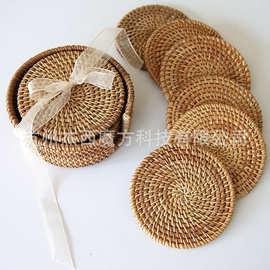 手工越南藤编圆形杯垫套装带收纳筐六个一组ins复古餐垫茶道配件