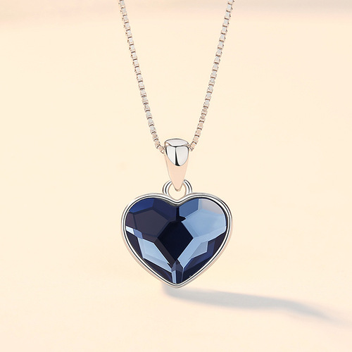 Heart of the Ocean necklace sterling silver Austrian crystal pendant Korean style fashion love clavicle chain heart-shaped commemorative gift