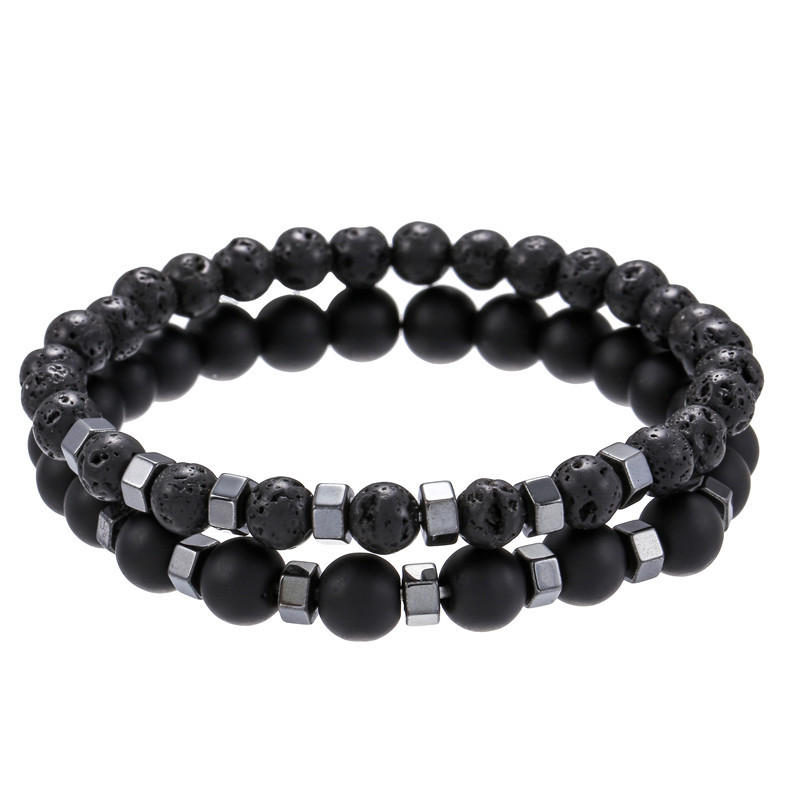 Natural Black Matte Lava Volcanic Stone Wear Black Gallstone Separation Beads Elastic Bracelet Suit Bracelet  Wholesale Nihaojewelry display picture 6