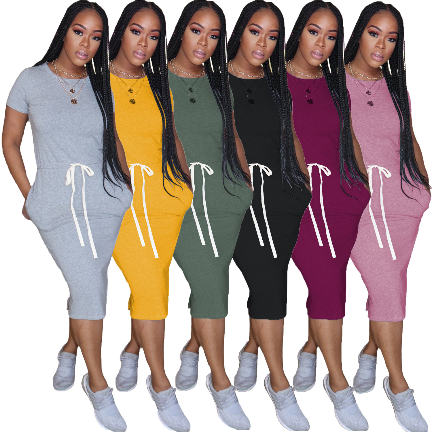 Elastic Waist Short Sleeve Pure Color dress nihaostyles clothing wholesale NSALI85441