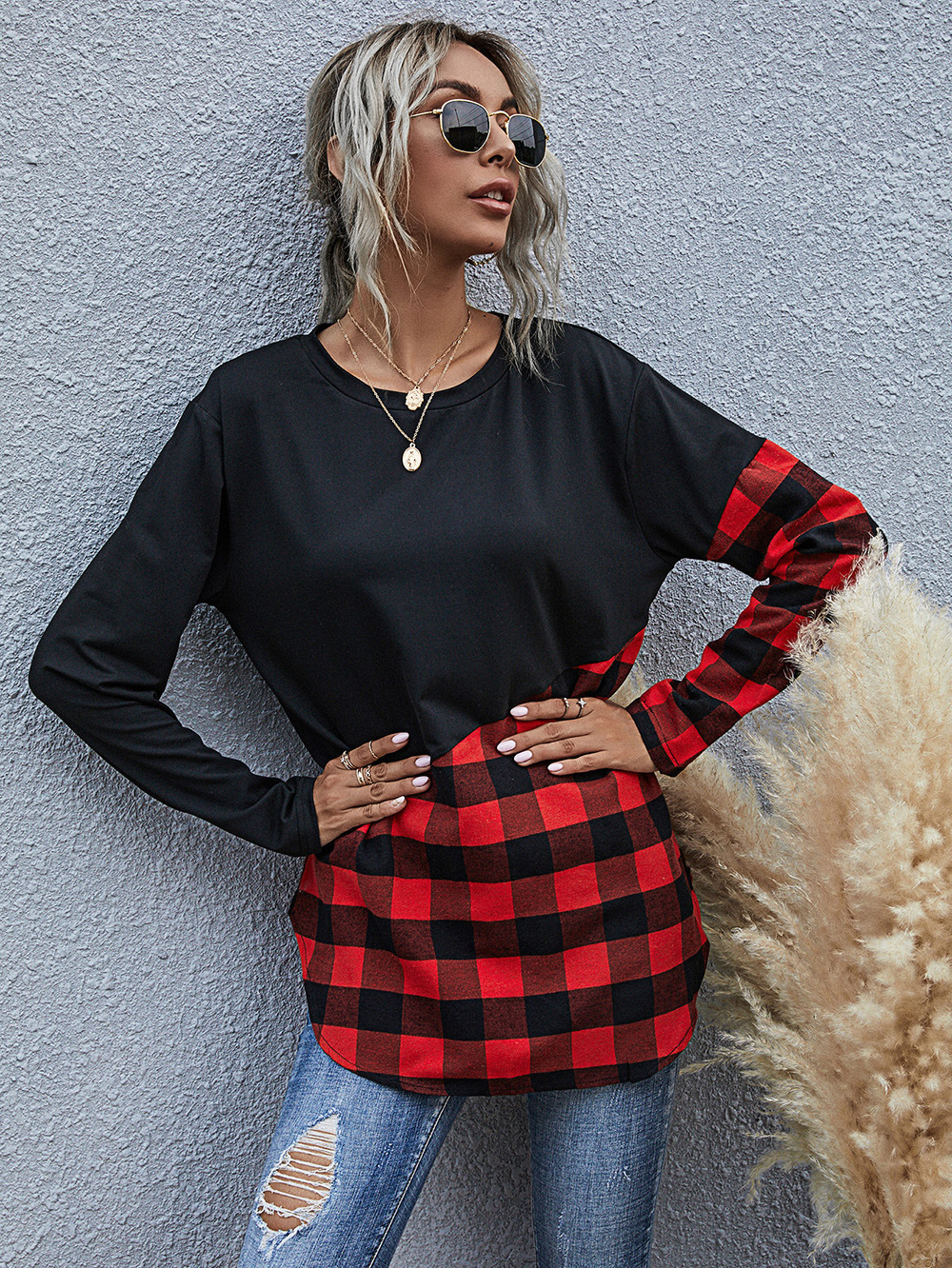 women s plaid casual round neck long-sleeved T-shirt  NSDF1591