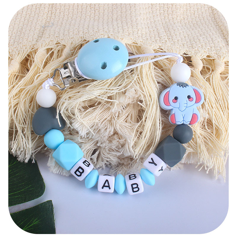 Personalizable bebé chupete clip de plástico bebé calmante cuentas de silicona elefante mordedor molares Cadena de chupete cadena anti-caída