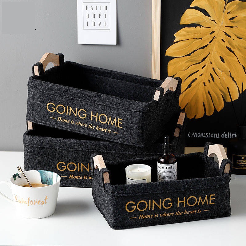 Nórdico fieltro cesta de almacenamiento mango de madera ropa misceláneas cosméticos cesta de almacenamiento de escritorio