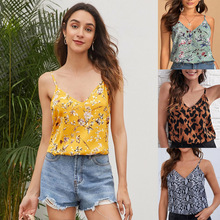 跨境欧美夏季2021夏新款欧版V领无袖吊带背心T恤印花上衣女批发