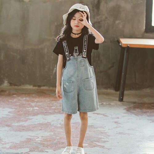 Girls Suit Summer Fashion Korean Printed Short Sleeve T-Shirt Denim Overalls Shorts Two-piece Set  Children's Clothing