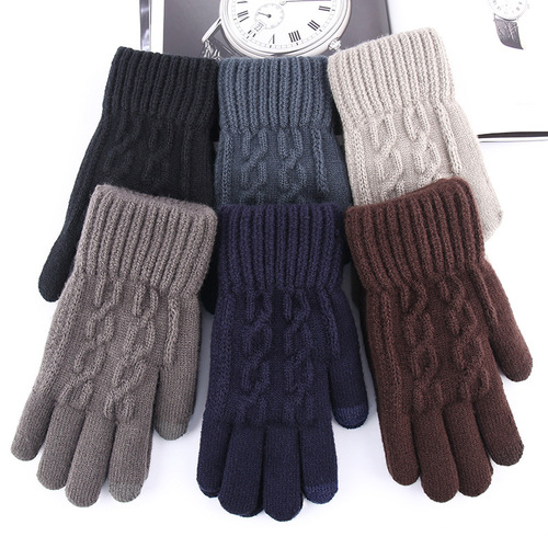 Manufacturer wholesale men's touch screen gloves winter warm plus velvet thickened finger jacquard knitted gloves cross-border