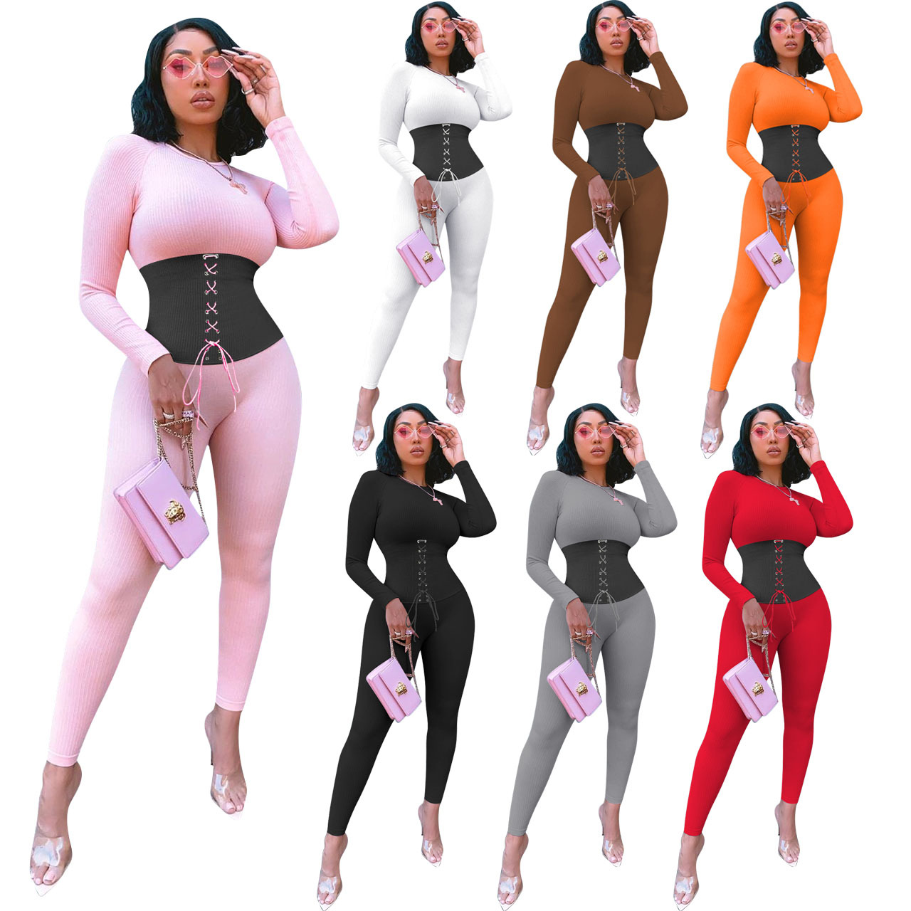 bandage rib stitching long-sleeved sports jumpsuit nihaostyles wholesale clothing NSNK84693