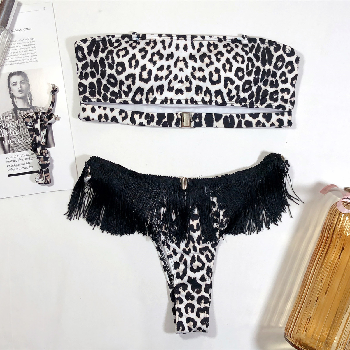 venta caliente bikini traje de baño estampado de leopardo borla traje de baño NSDA548