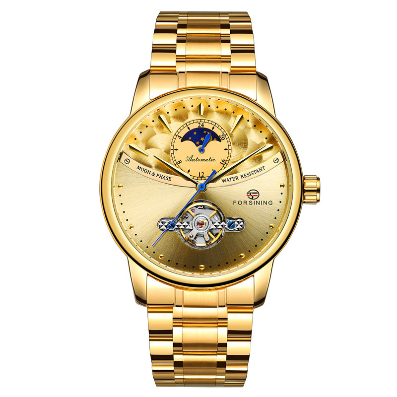 Forsining busini correa de acero los hombres negocios reloj mecánico automático inferior transparente hueco 8179