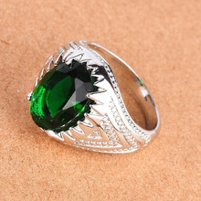 臻荣欧美新款祖母绿戒指 复古泰银款绿色宝石男士戒指 一件代发