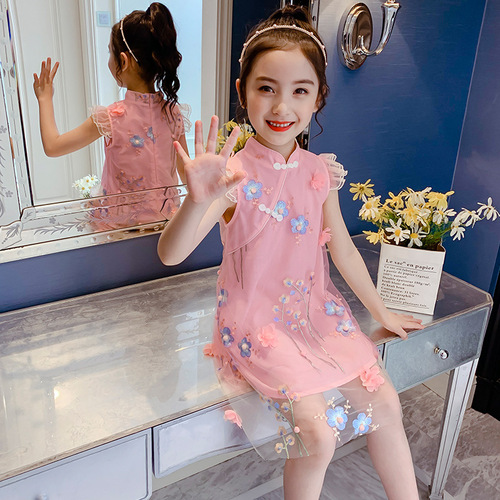 Children girls Red Pink lace chinese dress Qipao embroidered flowers Hanfu Model show singers  performance cheongsam Dress for Girl