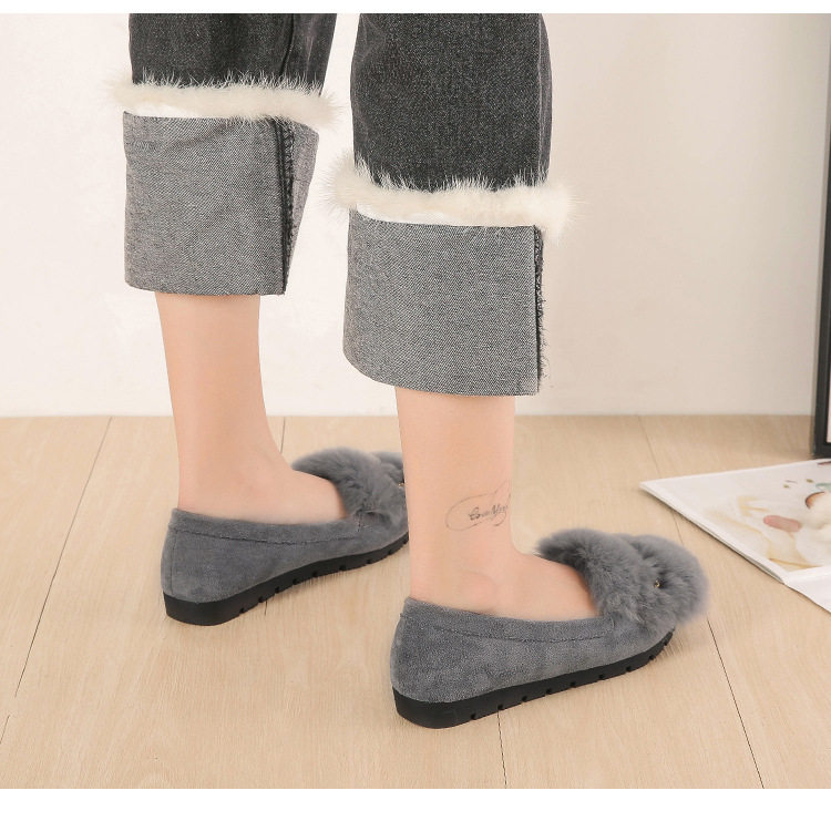Giày lười nữ lông thỏ có nơ, lót lông ấm, đế thấp 1–3 cm — Màu xám, Màu đen chi tiết 20