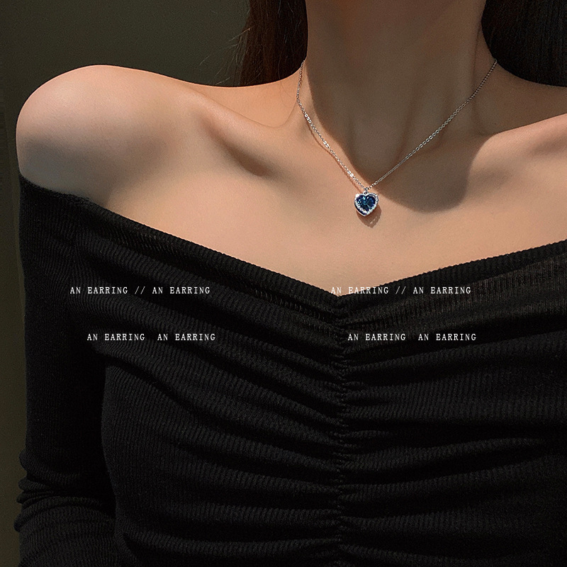 Titanium steel blue crystal necklace fem...