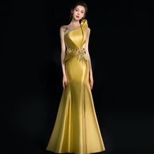 金色晚禮服女2022新款宴會氣質長款魚尾主持人年會晚會演出禮服裙