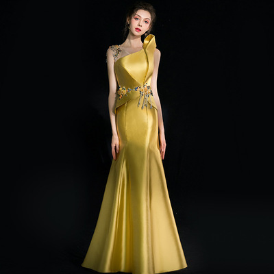 Golden evening party dress for women Banquet cocktail long fishtail mermaid dress host annual miss etiquette party show dresses