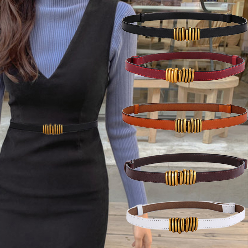 女士复古真皮腰封细款对扣女大衣皮带无需打孔女学生修身细裙带