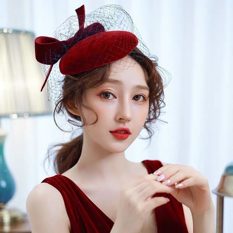 lady dress hats Party Fedoras hats for women Wine Hongniang bow banquet grand Mesh Hat lady classy hat