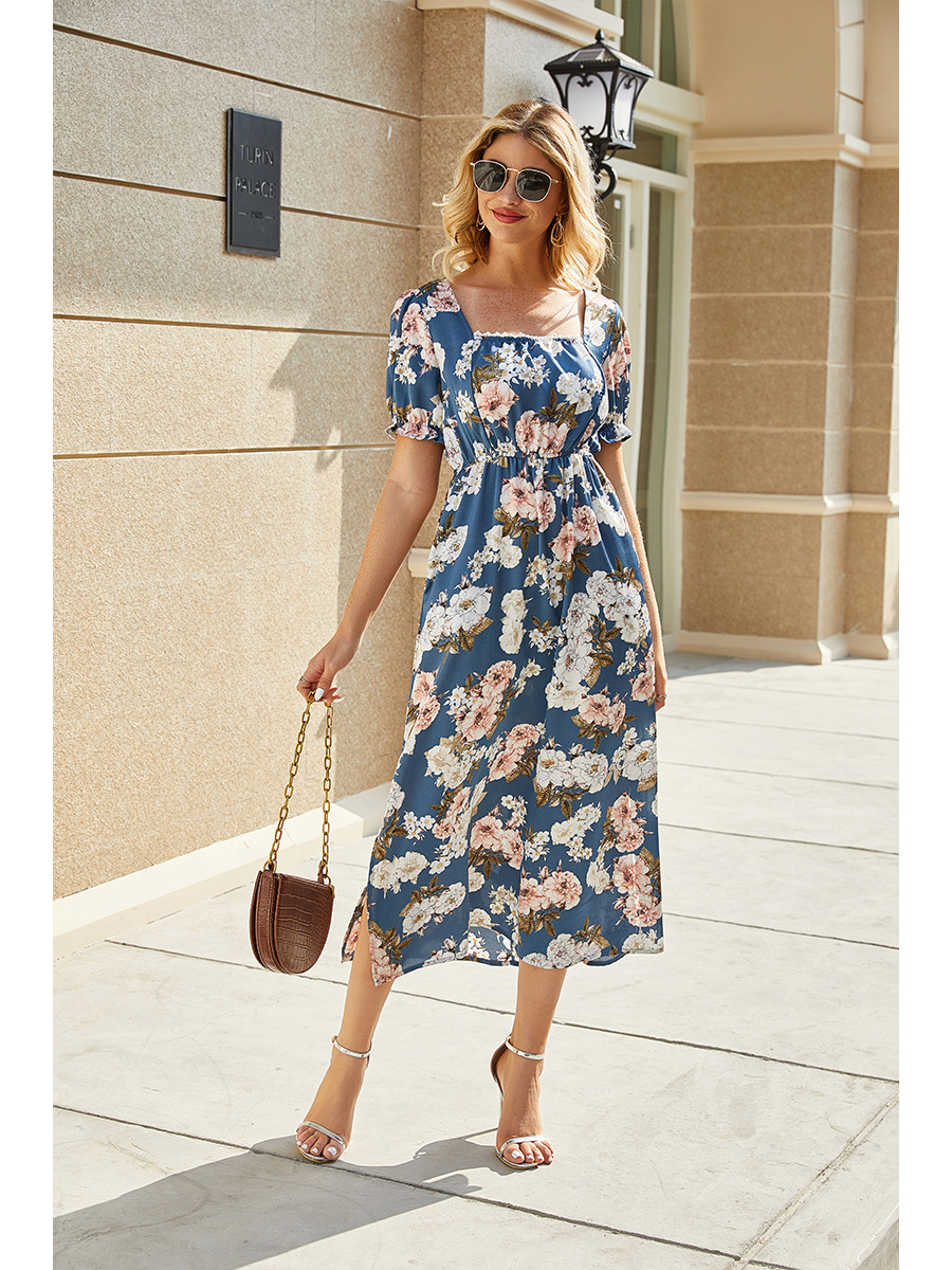 summer new printed square neck high waist dress NSAL32454