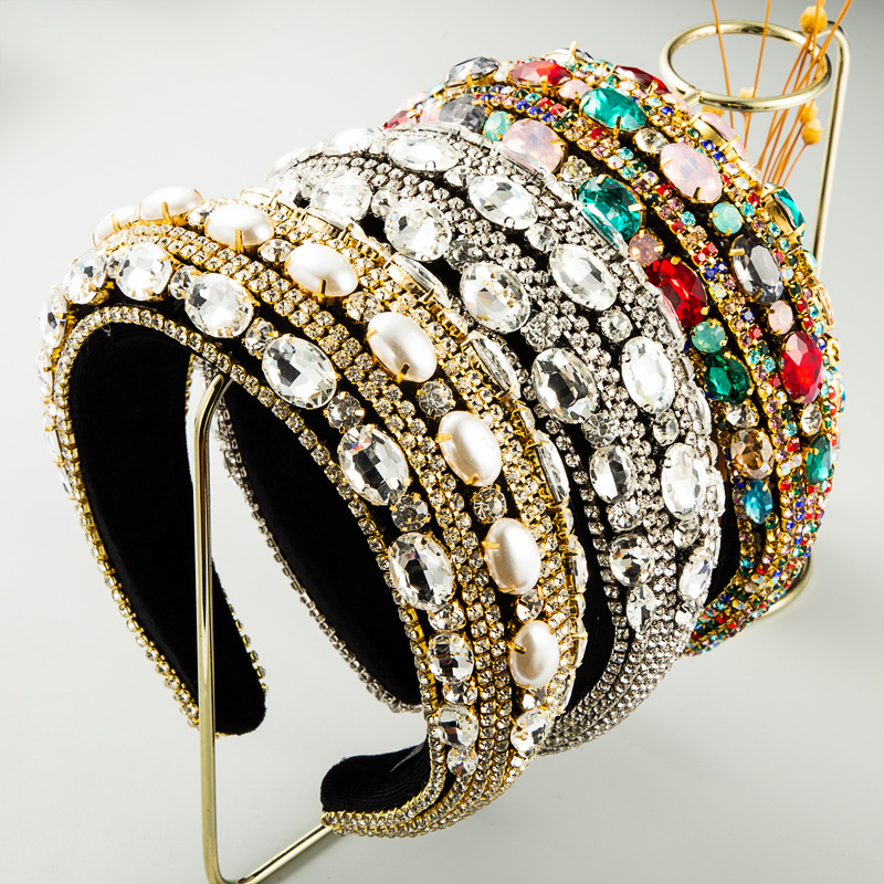 Baroque  Sponge Headband Inlaid With Rhinestones Colored Pearl Fashion Wide Brim Headbands display picture 2