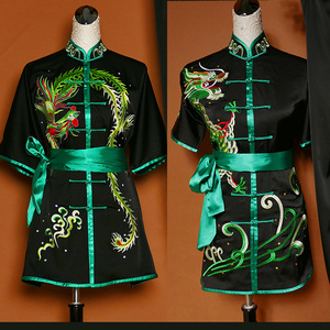 Tai chi clothing chinese kung fu uniforms High grade martial arts training clothes for boys and girls competition long fist Kung Fu performance clothes embroidered dragon and Phoenix green border training clothes