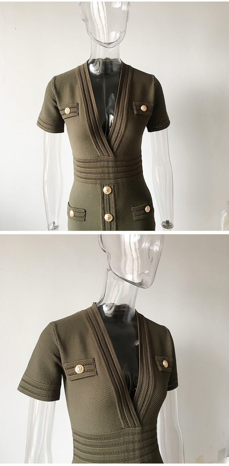 Spring Knitted Short Sleeved V neck Dress Sheath Army Green Black Texture