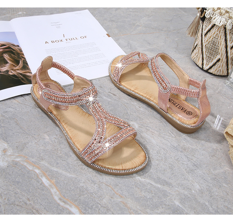 2025 New cross-border sandals Bohemian-style women's shoes summer hollowed-out flat diamond sandals Womanshoes undefined