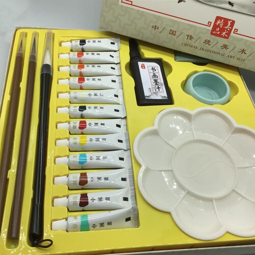 Traditional Chinese painting art tool set, simple set, 12-color paint for adults and children to practice ink painting, study brush
