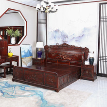 紫光檀储物红木床实木床卧室暗箱中式麒麟床雕花1.8米双人床老料