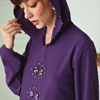 7019 Purple Moroccan Hand Sewn Drilled Hooded Robe Middle East Apparel Women Dresses