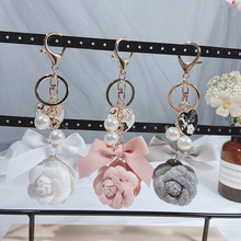 创意个性diy珍珠链双面山茶花钥匙扣 女韩版时尚汽车钥匙链包挂件