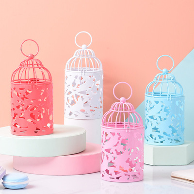 镂空图案鸟笼蜡烛台创意家居摆件欧式装饰铁艺可放蜡烛金属 烛台|ms