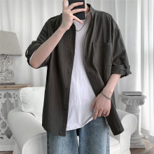 夏季男士休闲立领发型师五分袖衬衣男韩版修身纯色中袖衬衫男短袖