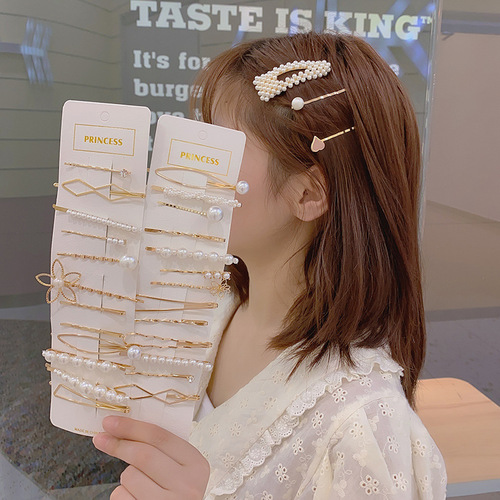 Korean style pearl hairpin Internet celebrity girl side clip one-word hairpin bangs bb clip simple combination headwear