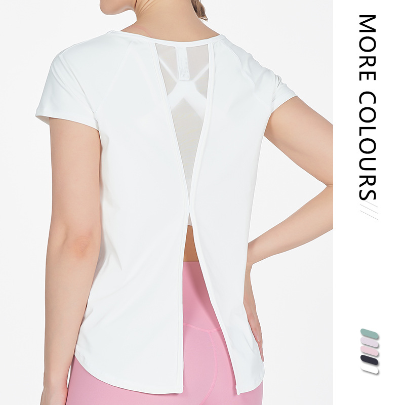 夏季宽松纯色运动瑜伽服健身房跑步休闲镂空美背透气短袖上衣女