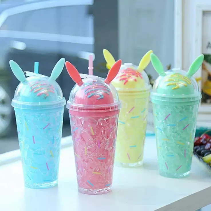 现货工厂批发 夏季兔子清新碎冰杯 双层吸管保冷防漏冰杯凝胶杯